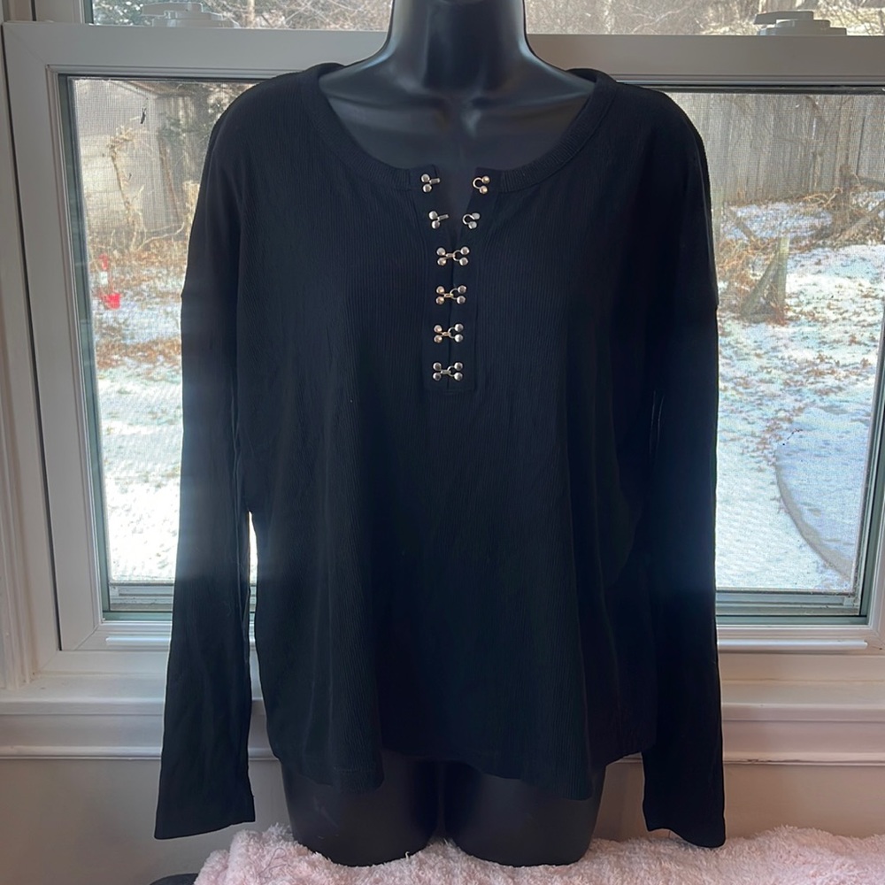Black Henley shirt with silver toggle buttons